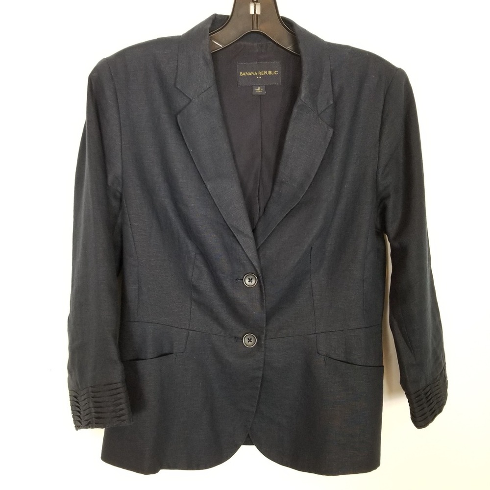 Banana Republic Women's 100%‎ Linen Navy Blazer Jacket Sz 4 Button Up Lined